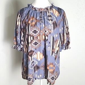 Entro Blue, Brown & Rust Print Top, Ruffled Collar, Puff Short Sleeves, Sz Large